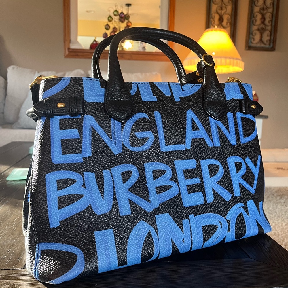 Burberry Black Handbag with Blue Graffiti Lettering
